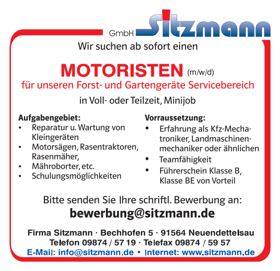 Stellenanzeige für Motoristen für den Forst- und Gartengeräte Servicebereich